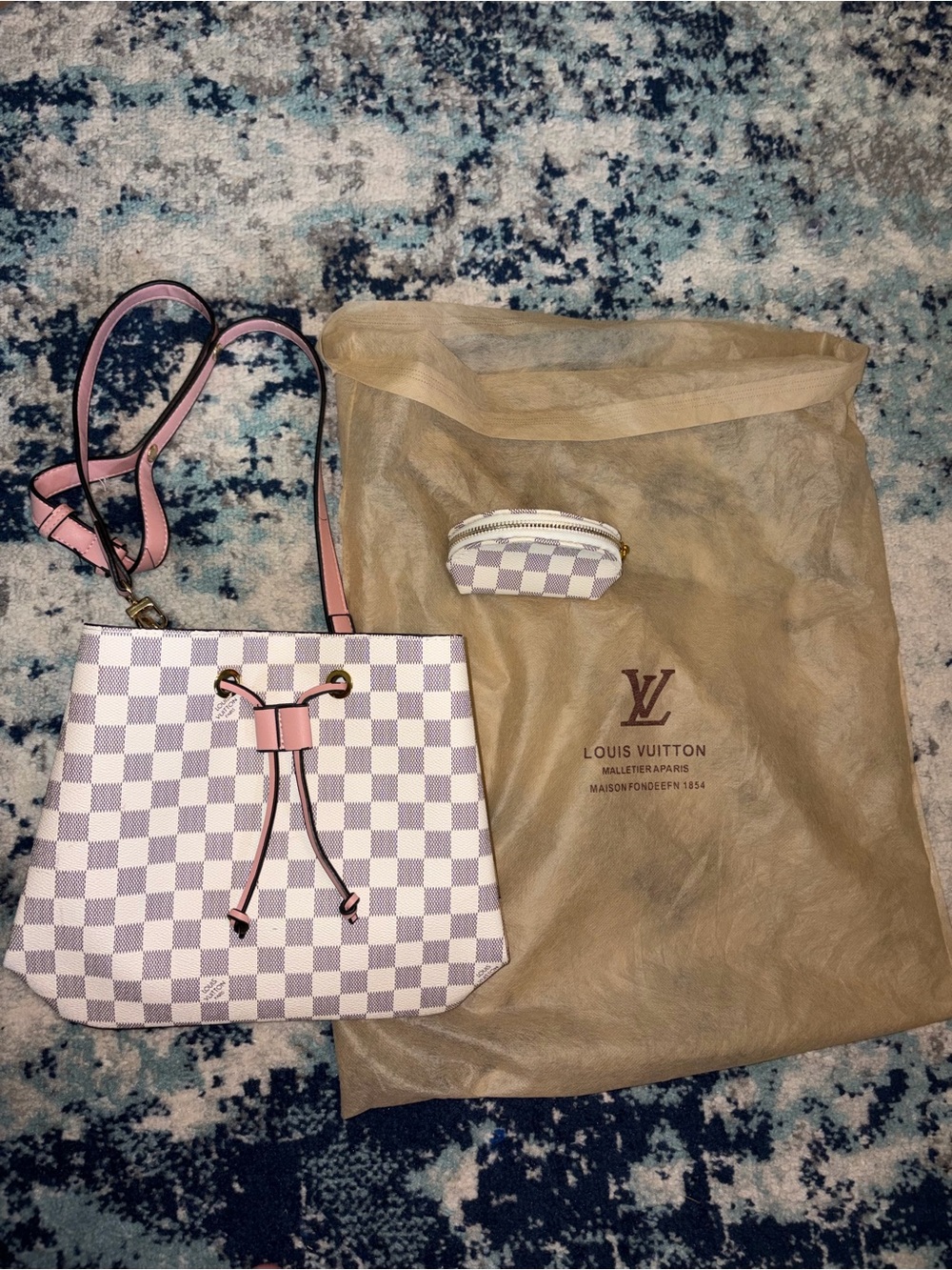 Designer Inspired Style Pink White Checkered Damier Azur Drawstring Bag